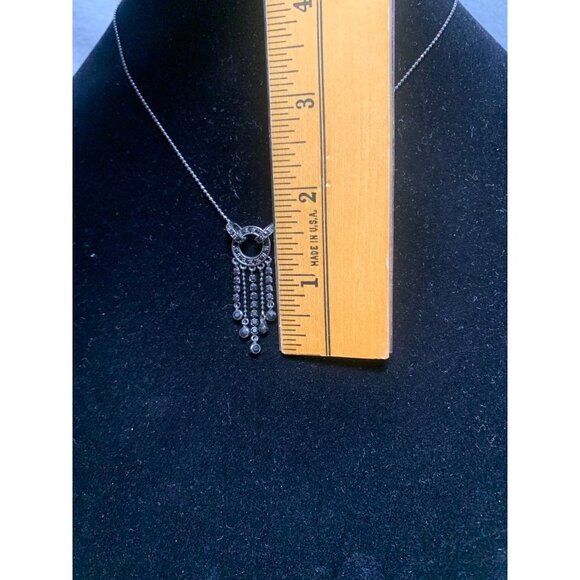 Monet Silver Necklace with Circular Pendant & Dangling Chains Crystals 16" - Picture 7 of 11